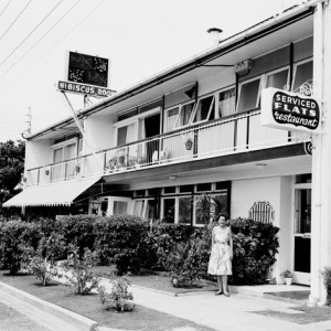 Believed to be Margot Kelly standing in front of Hibiscus Restaurant, Hanlan Street, Surfers Paradise, Queensland, 1960 Bob Avery photographer