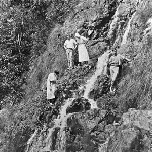 Numinbah residents, Hazel Yaun, Nick Holden, Lizzie Holden and Les Yaun, near the foot of Egg Rock Falls, Queensland, 1916 Photographer unknown