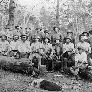 Railway timber gang who worked at cutting the sleepers and girders for the Nerang-Tweed Railway line, circa 1901-1902 Photographer unknown