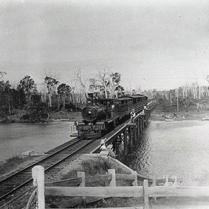 The railway bridge crossing Tallebudgera Creek near Booningba Railway Station, Queensland, circa 1910 A Bignell photographer
