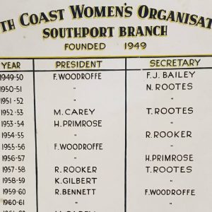 South Coast Women's Organisation board displaying of elected representatives for the Southport Branch