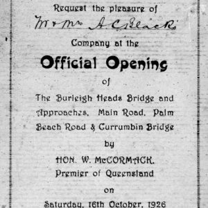 Invitation to the opening of the Burleigh Heads Bridge, 16 October 1926. Marriott family, photographer