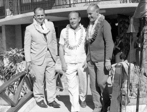 Russ Hinze, Bernie Elsey and Alex Dewar at the opening of the Tiki Village Hotel, Surfers Paradise, Queensland, 1965 Alexander McRobbie photographer