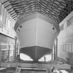 Boat in dry dock at John Humphreys' Boatshed on the Spit, Main Beach, Queensland, 1976 Bob Avery photographer