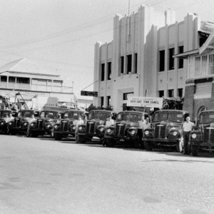 Fleet of council vehicles lining Nerang Street for the Commonwealth Jubilee Day Procession held at Southport on Wednesday 9 May, 1951 Photographer unknown