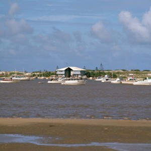 John Humphreys' Boatshed on the Spit, Main Beach, Queensland, seen from the Southport side of The Broadwater, circa 1975 John Gollings photographer