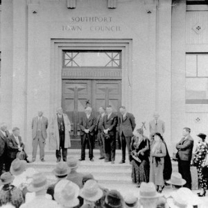 Official opening of the Southport Town Hall (Southport Town Council Chambers), corner of Nerang Street and Davenport Street, Southport, Queensland, 2 August 1935 Photographer unknown